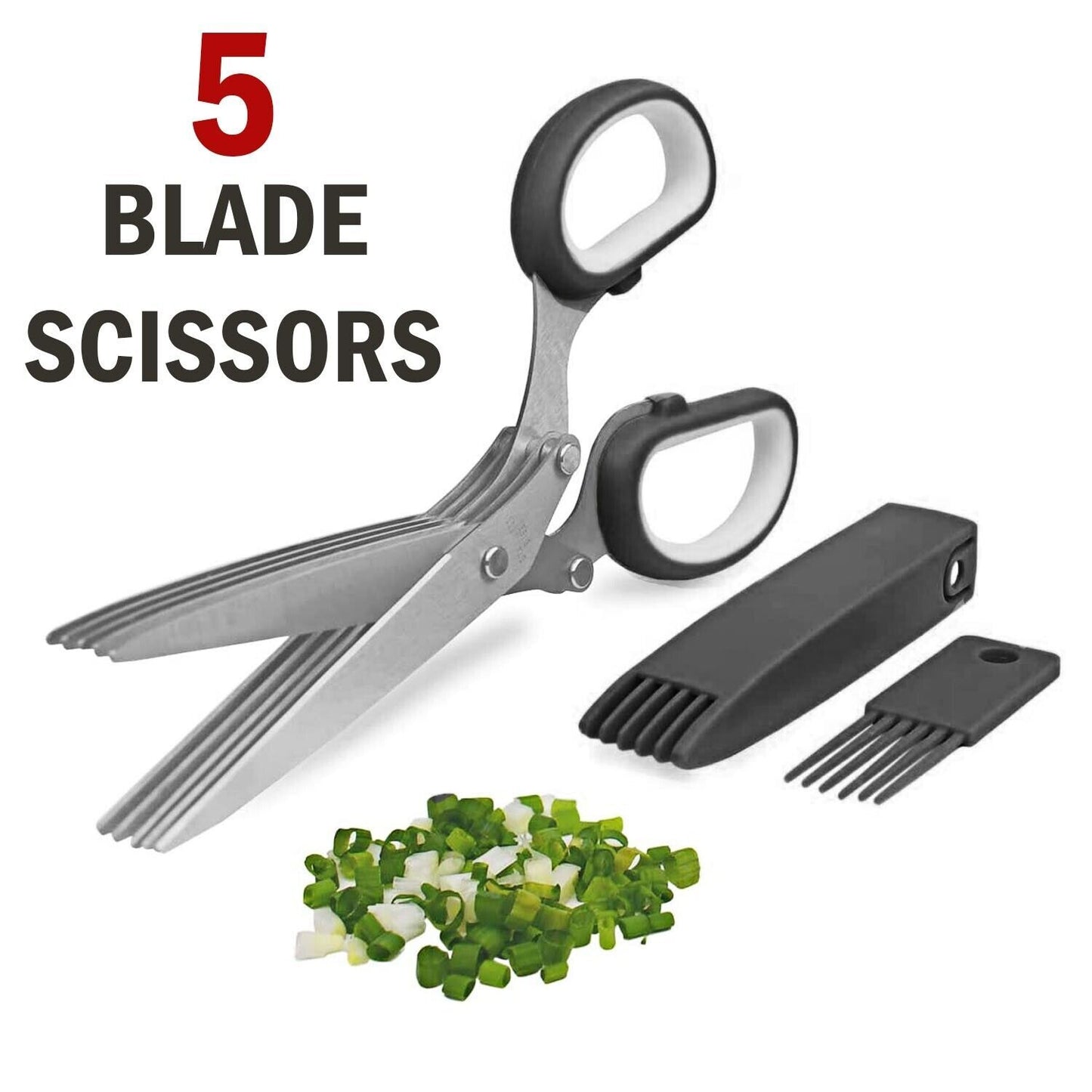 Herb Scissors with 5 Stainless Steel Blades - Multi-Purpose Kitchen Tool for Fast Cutting - Includes Safety Cover & Cleaning Comb