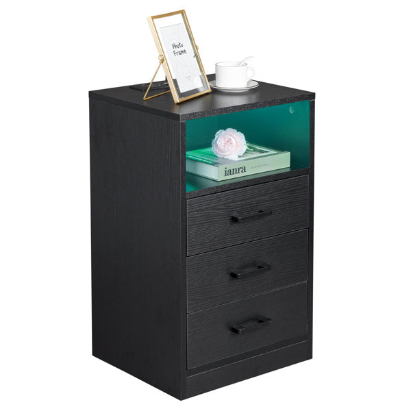 40x35x65cm Triple Drawer Bedside Table with LED Light and Socket - Black - Stylish Nightstand with USB and Wireless Charging