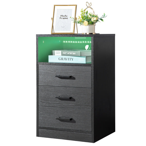 40x35x65cm Triple Drawer Bedside Table with LED Light and Socket - Black - Stylish Nightstand with USB and Wireless Charging