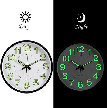 12-Inch Black Wall Clock - Large Quartz Silent Luminous Glow in the Dark - Elegant Design for Home & Office