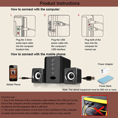 Portable USB Powered Stereo Surround Wired Speakers - 3 Speaker Set for Laptop, Phone, Desktop, TV - Black