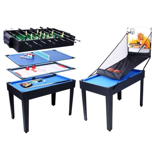 5-in-1 Multi-Game Table - Billiards, Push Hockey, Foosball, Ping Pong, Basketball - Black/Blue - Durable MDF & Steel Construction