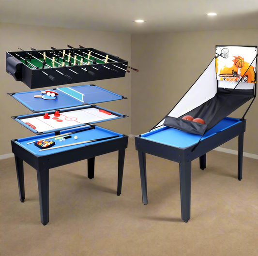 5-in-1 Multi-Game Table - Billiards, Push Hockey, Foosball, Ping Pong, Basketball - Black/Blue - Durable MDF & Steel Construction