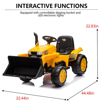 12V Kids Ride-On Tractor Electric Excavator - Yellow - Battery Powered Motorized Car with Remote Control, Front Loader & Headlight - Ages 3-6