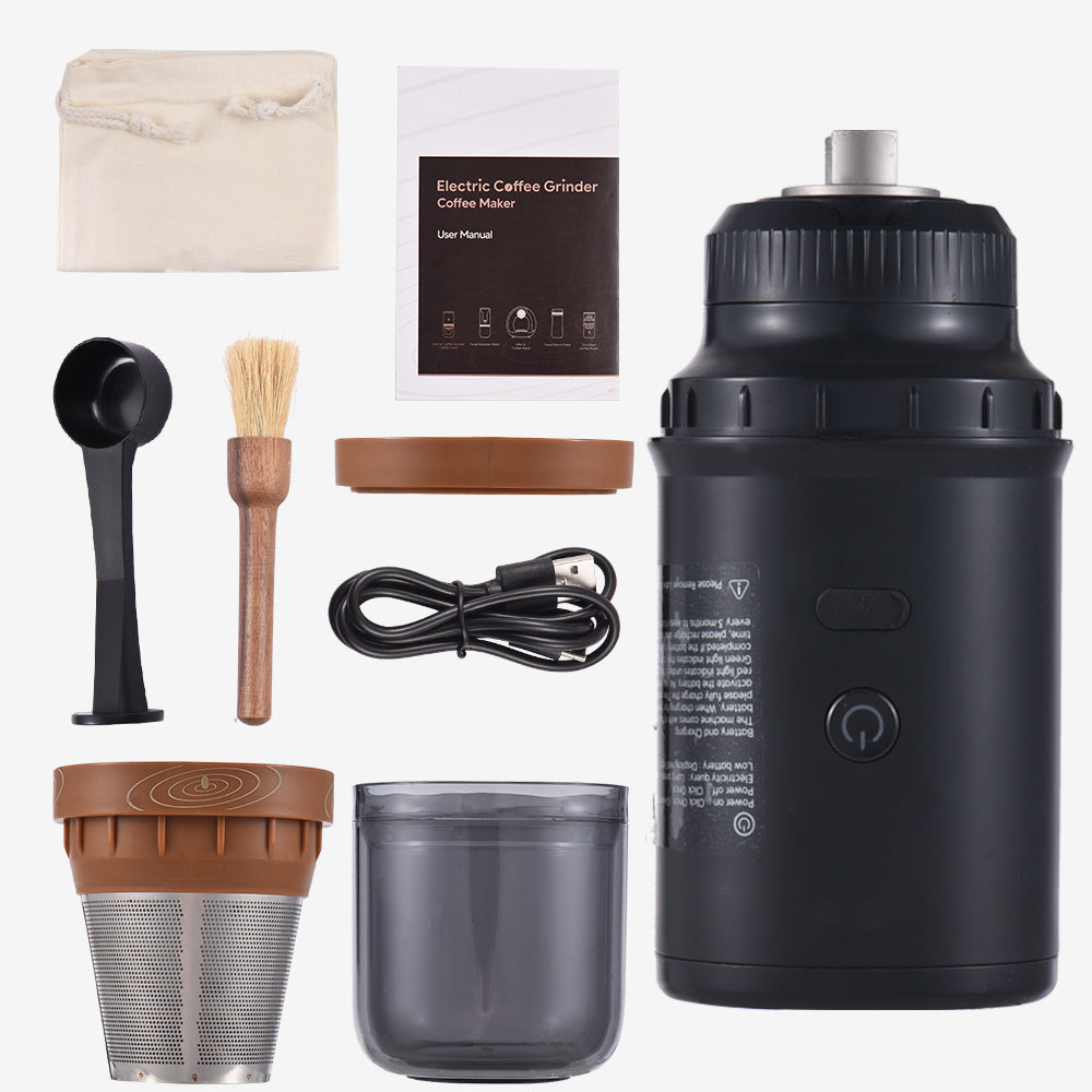 Electric Burr Coffee Grinder - 25 Grind Settings, USB Rechargeable, Stainless Steel Core - Includes Filter Holder & Accessories