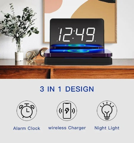 Hot Digital Alarm Clock - 1.4 Inch LED Mirror Display with Wireless Charging - Black - Electronic Clock with Dimming Control