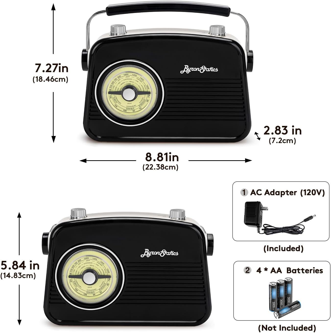 Black AM FM Portable Radio - Vintage Retro Design with Headphone Jack, Large Tuning Dial, Bluetooth Speaker & MP3 Player