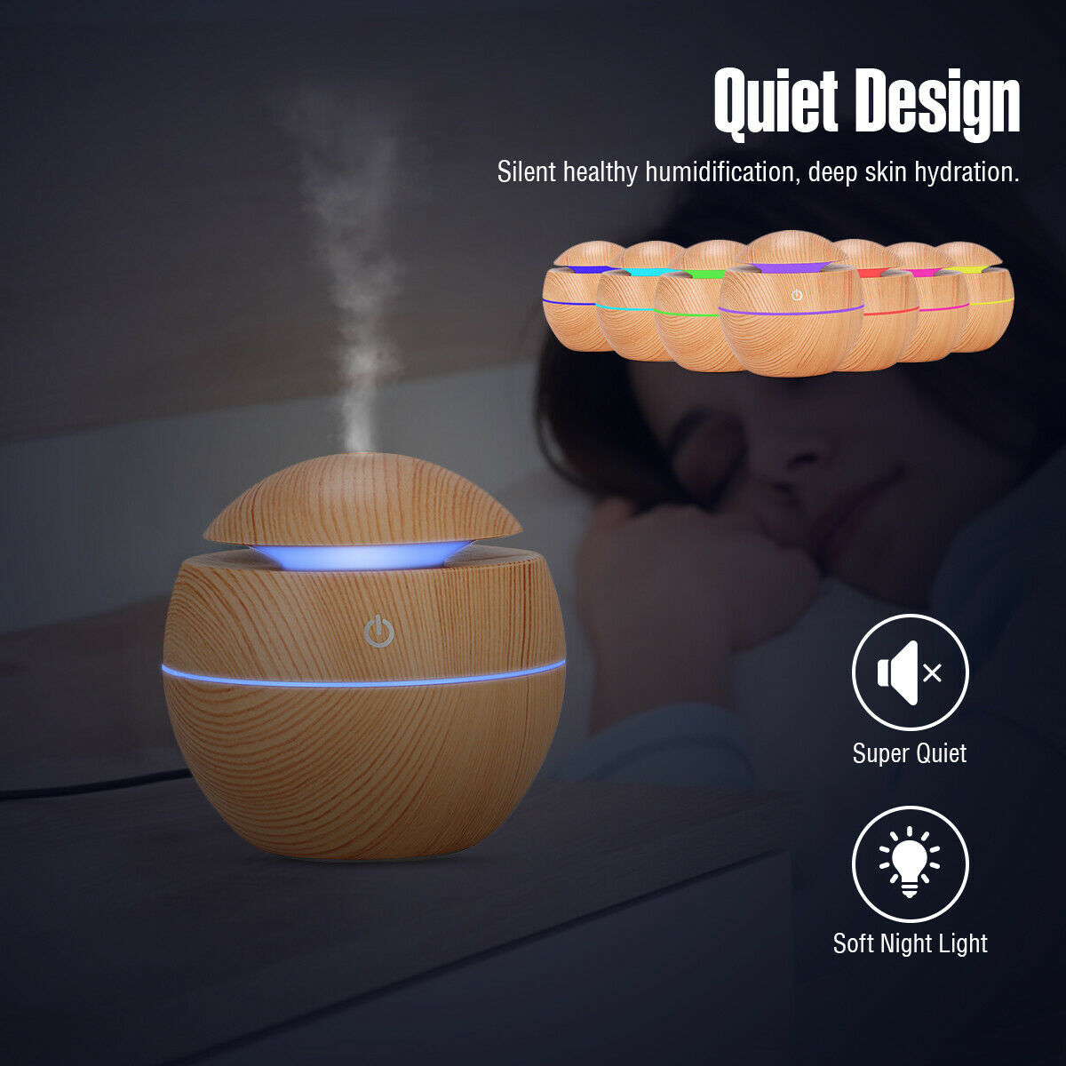 USB Aroma Humidifier Essential Oil Diffuser - Ultrasonic Cool Mist - 7 Color Change - Deep Wood - 130ml Capacity - Ultra-Quiet Operation