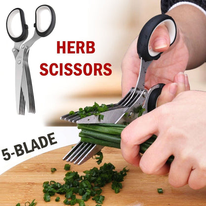 Herb Scissors with 5 Stainless Steel Blades - Multi-Purpose Kitchen Tool for Fast Cutting - Includes Safety Cover & Cleaning Comb