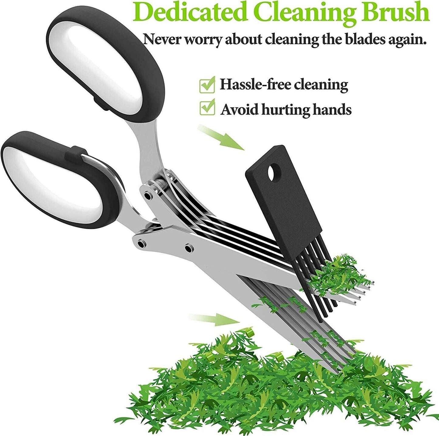 Herb Scissors with 5 Stainless Steel Blades - Multi-Purpose Kitchen Tool for Fast Cutting - Includes Safety Cover & Cleaning Comb