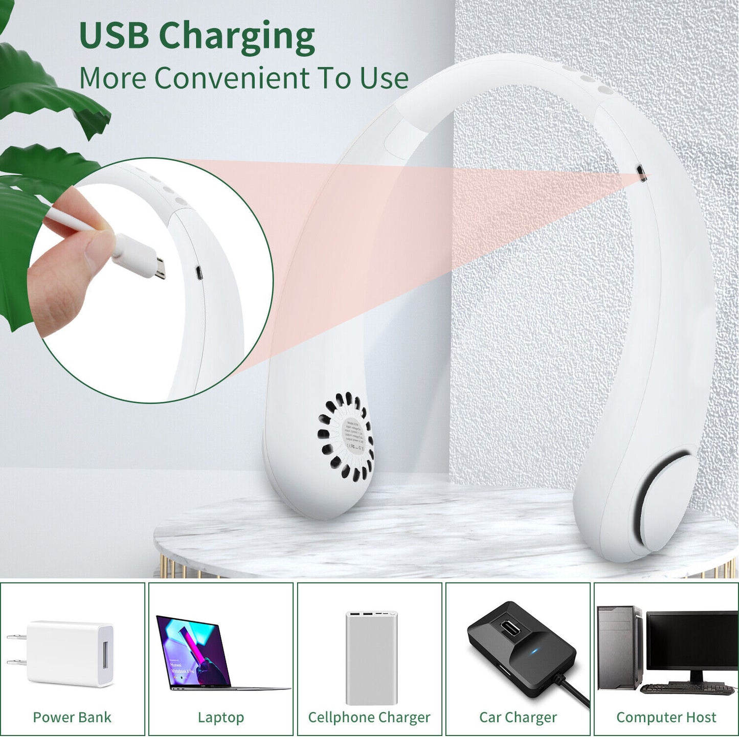 Portable Neck Cooling Fan - Bladeless, 360° Adjustable, Low Noise - USB Rechargeable, 3 Speed Modes, 3000mAh Battery