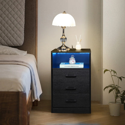 40x35x65cm Triple Drawer Bedside Table with LED Light and Socket - Black - Stylish Nightstand with USB and Wireless Charging