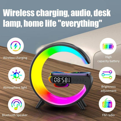 Smart G Night Light LED Bluetooth Speaker - Wireless Charging Alarm Clock with Digital Display - Modern Home Decor