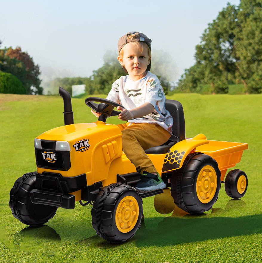 12V Kids Ride-On Tractor Electric Excavator - Yellow - Battery Powered Motorized Car with Remote Control, Front Loader & Headlight - Ages 3-6